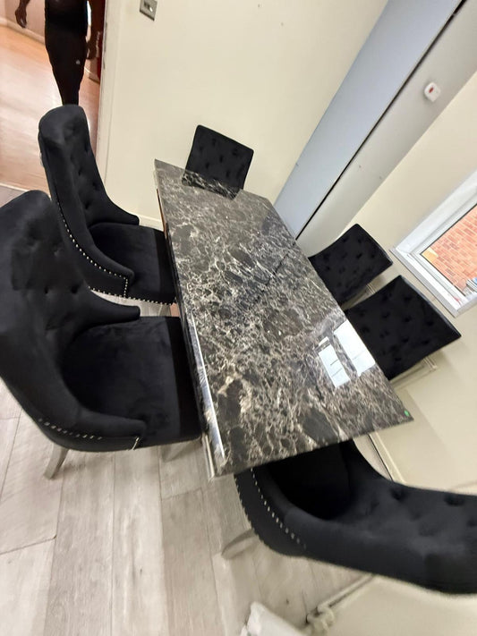 Marble dining table + 6 knocker back chairs